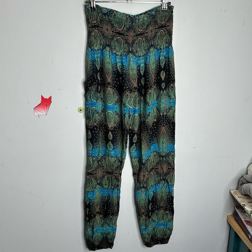 Harem Pants Black & Blue Boho Paisley Print Elastic Waist One Size Small